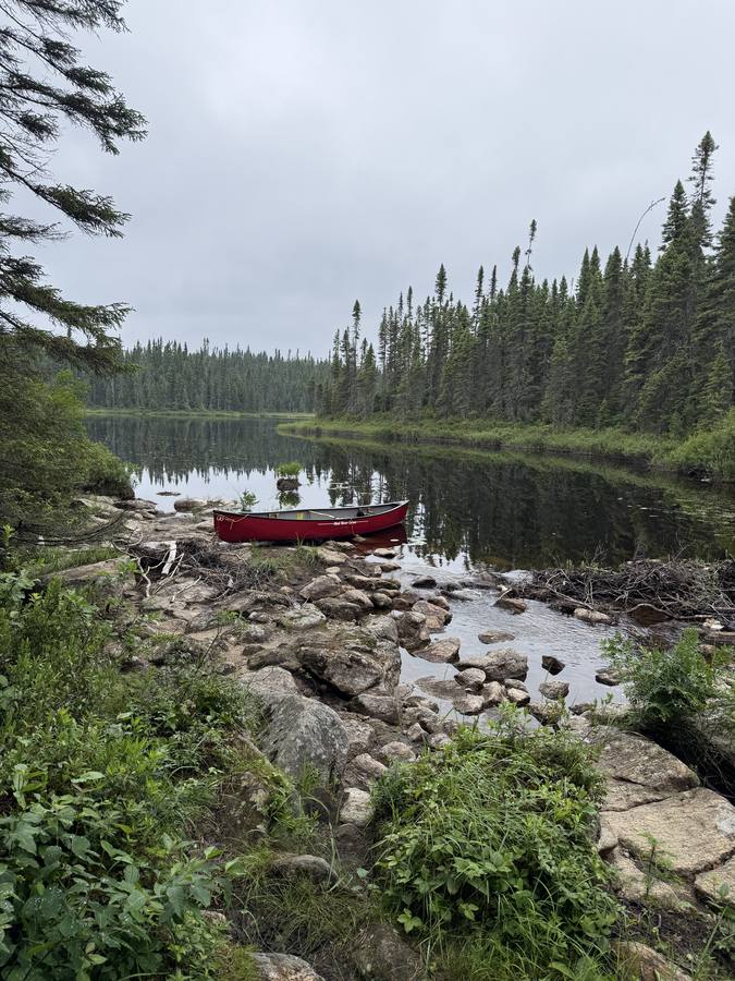 The red canoe pulled up on a rocky shore of a still lake on a misty grey morning.