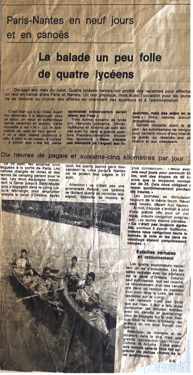 Newspaper clipping from a Nantes paper, August 1984, about four high school students who paddled from Paris to Nantes in nine days.