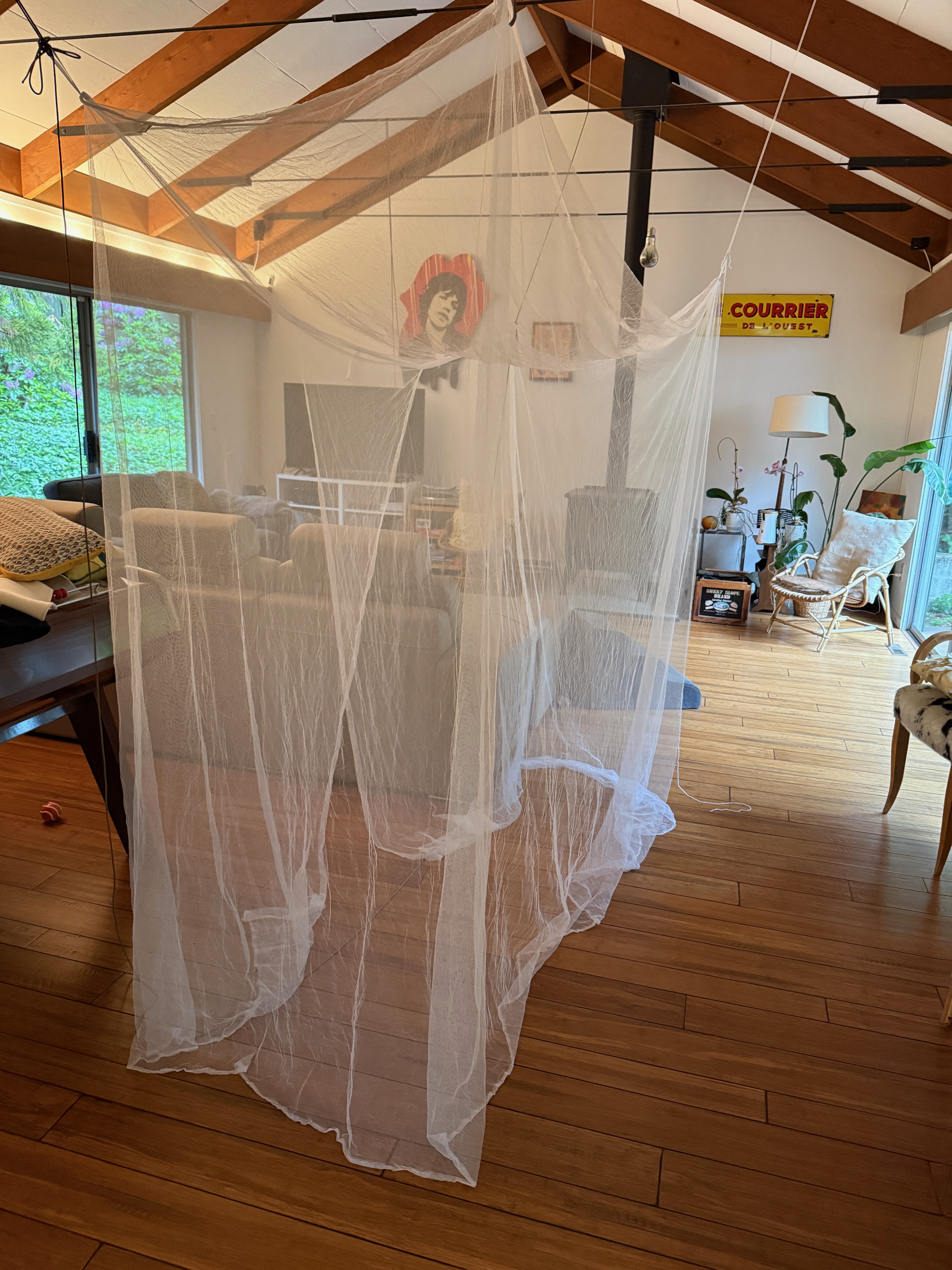 Large white free-standing mosquito shelter hanging from the living room ceiling during a fit check.